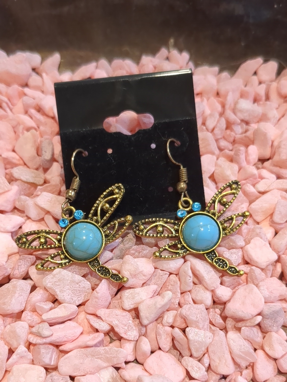 Turquoise Color Dragonfly Drop Earrings - Gold-Tone